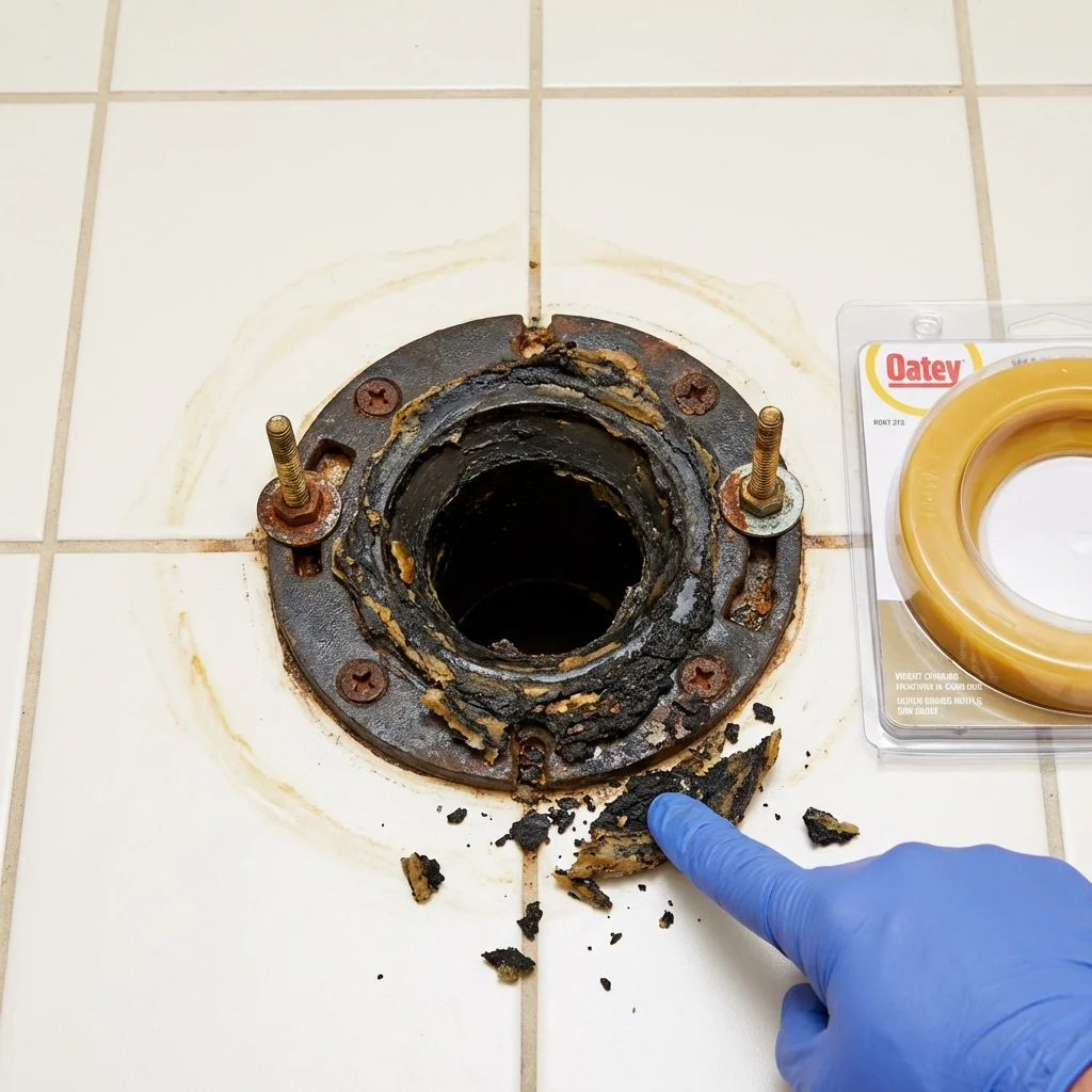 Failed wax ring showing water seepage at the base of a toilet in a Havana, FL home
