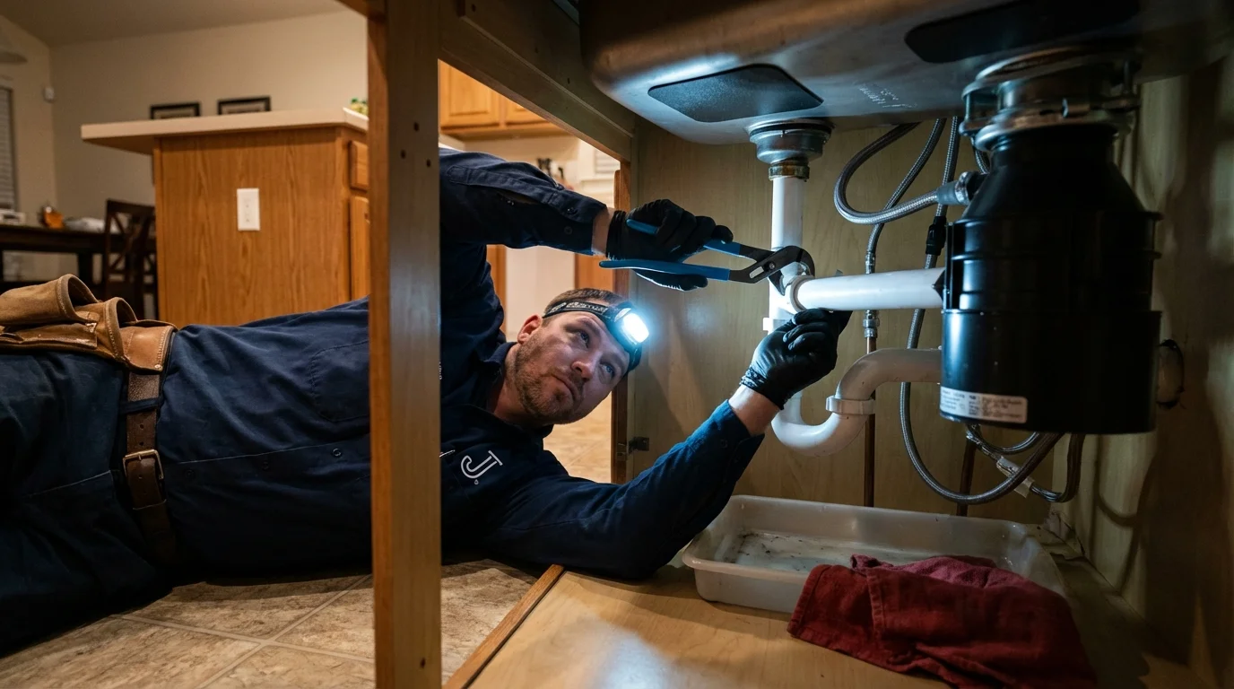 P-trap and supply line connections under a kitchen sink showing a common leak point in Havana, FL